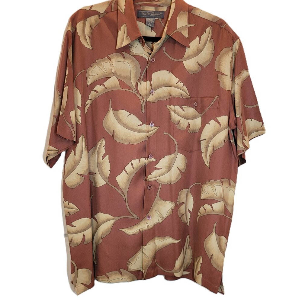 Tori Richard 100% Silk Red/Brown Large Leaf Print Hawaiian Shirt Sz Large
